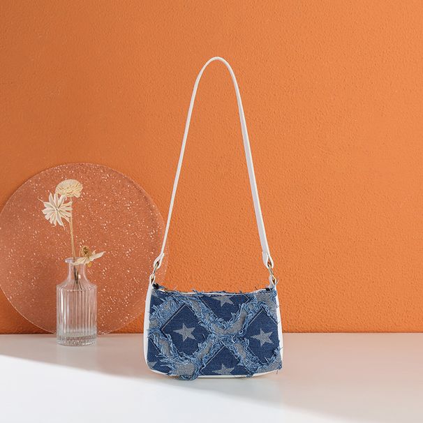 Stars Embroidered Denim Shoulder Bag - Stylish Square Crossbody Purse For Women (Chain Strap, Boho Chic & Versatile)_viptrois.com