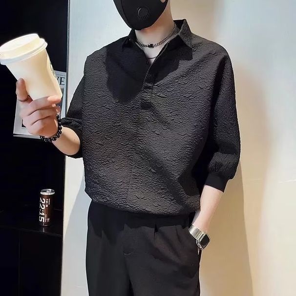 Men's Stylish 3/4 Sleeve Polo Shirt Summer Thin Ice Silk Loose Fit Versatile Trendy Cool Sophisticated V Neck Top_viptrois.com