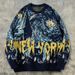Retro Space Print Sweater – Oversized Unisex Knit Pullover With Cosmic Design (Blue, S/M/L/XL)_viptrois.com