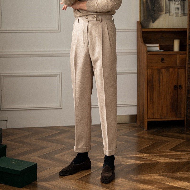 Men's High-Waisted Wool-Blend Trousers – Straight Cut Winter Casual Pants With Neapolitan Drape (28-36, Khaki/Dark Grey, Business Casual)_viptrois.com