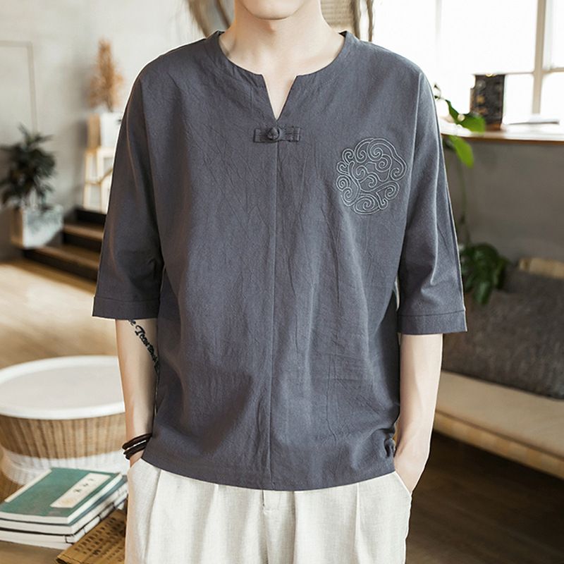 Summer Men's With Chinese Style Cotton And Linen Seven Inch Sleeves, Trendy Plus Size Fashion Thin Style, Solid Color_viptrois.com
