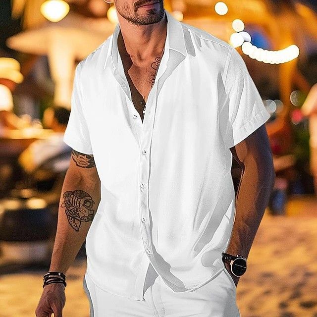 Summer Satin Stand Collar Button Short Sleeve Men Casual Loose Fit Plus Size Shirt_viptrois.com