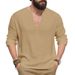 Autumn New American Loose Breathable Linen Casual Men's V Neck Design Large Size Long Sleeved T Shirt_viptrois.com