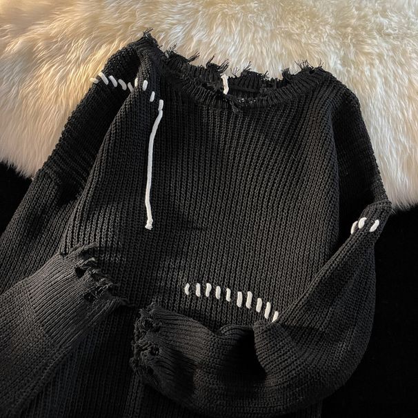 Distressed Knit Sweater – Unisex Oversized Pullover With Raw Hem & Ripped Details (S-3XL, Beige/Black/Gray)_viptrois.com