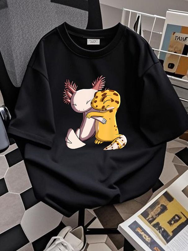 NEW LIMITED Cute Kawaii Leopard Gecko Hugging Axolotl T-Shirt Designer Clothes Breathable Summer Homme Casual Fashion Soft Versatile Comfortable_viptrois.com