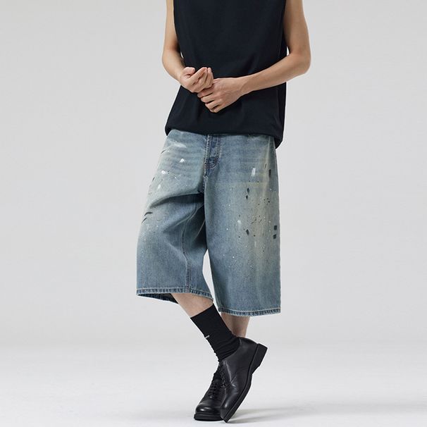 Men's Clothing Men's Wear Summer American Retro Graffiti Ink Splashed Seven Point Jeans Men's And Women's Trendy Silhouette Casual Shorts_viptrois.com