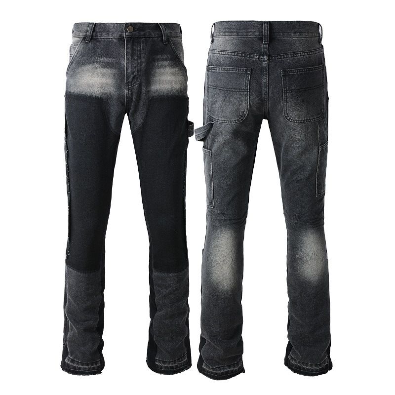 Men's Clothing men's patchwork whitened old flared washed jeans flared jeans_viptrois.com