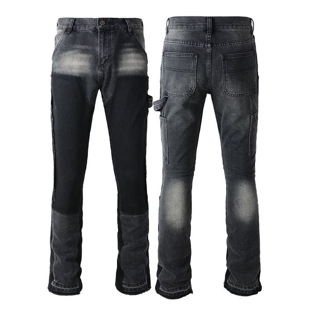 Men's Clothing men's patchwork whitened old flared washed jeans flared jeans_viptrois.com