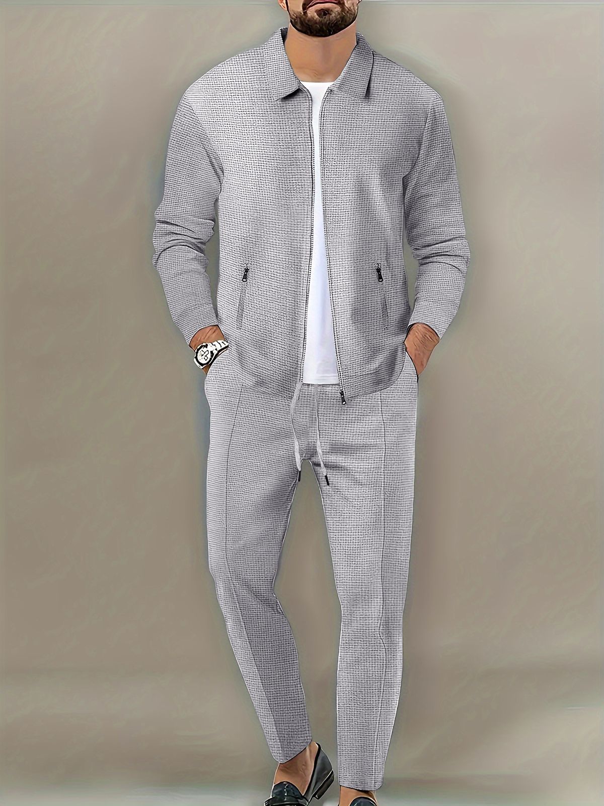 Men's Waffle Knit Zipper Jacket & Pants Set - Breathable Sportswear For Casual & Active Lifestyles (S-XXXL, 6 Colors)_viptrois.com