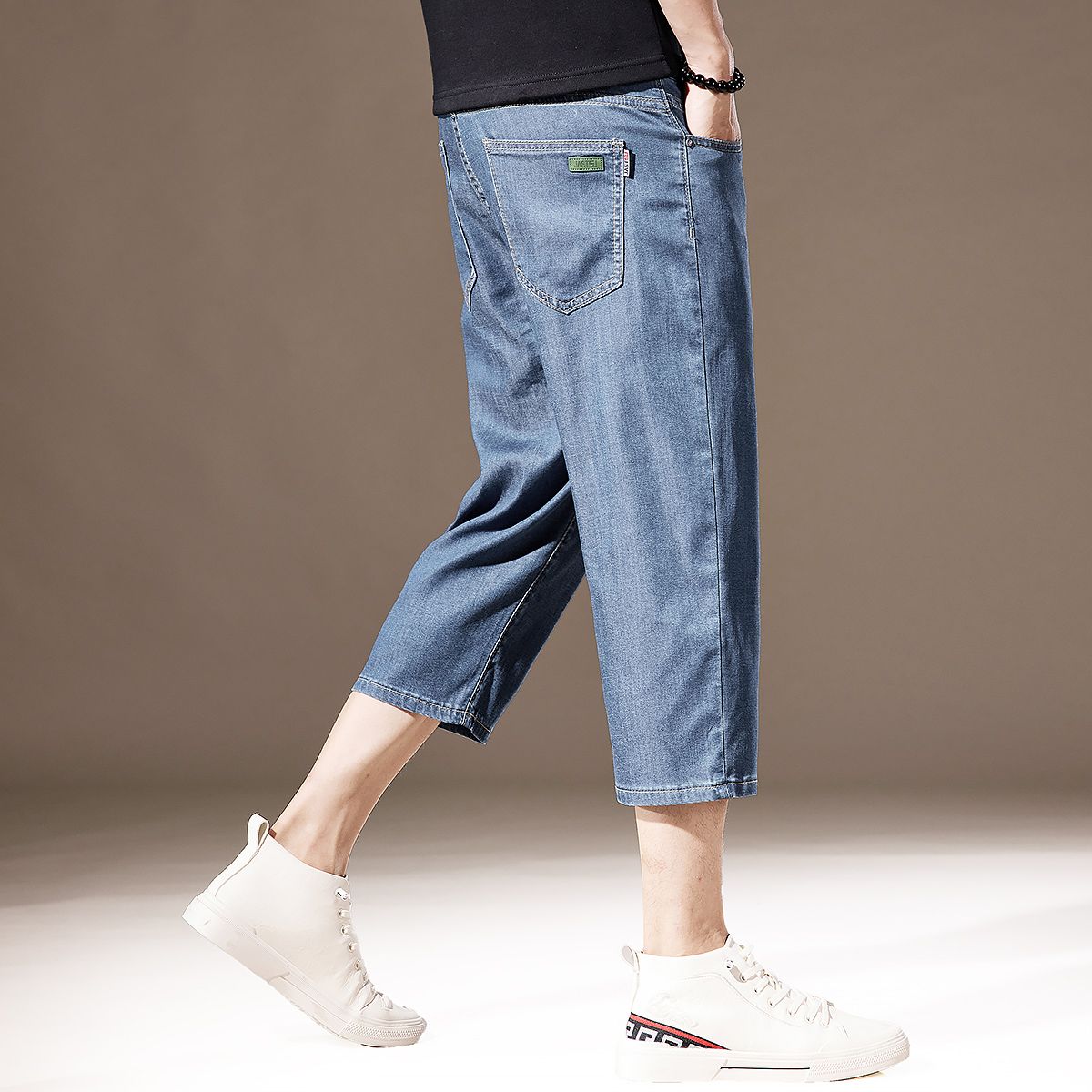 High-End Tencel Cool Lyocell Denim Shorts For Men, Summer Thin Loose Straight Ice Silk Men's Cropped Pants_viptrois.com
