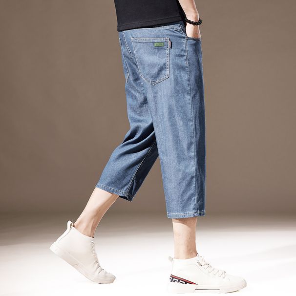High-End Tencel Cool Lyocell Denim Shorts For Men, Summer Thin Loose Straight Ice Silk Men's Cropped Pants_viptrois.com
