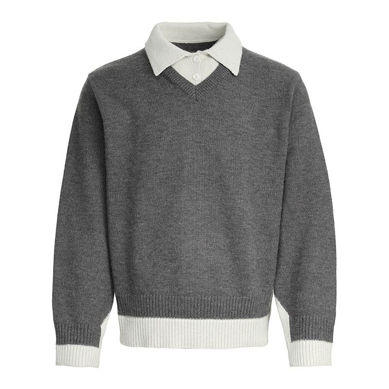 2025 Autumn Men's Clothing Simple Korean Old Money Style Knitted Polo Collar Sweater Two-Piece Base Shirt_viptrois.com
