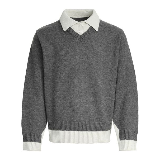 2025 Autumn Men's Clothing Simple Korean Old Money Style Knitted Polo Collar Sweater Two-Piece Base Shirt_viptrois.com