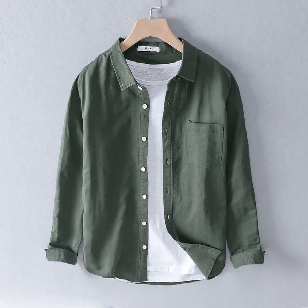 Men's Long Sleeved Shirt, Casual Cotton Linen White Shirt, Lapel Chest Pocket, Casual Business Linen Shirt_viptrois.com