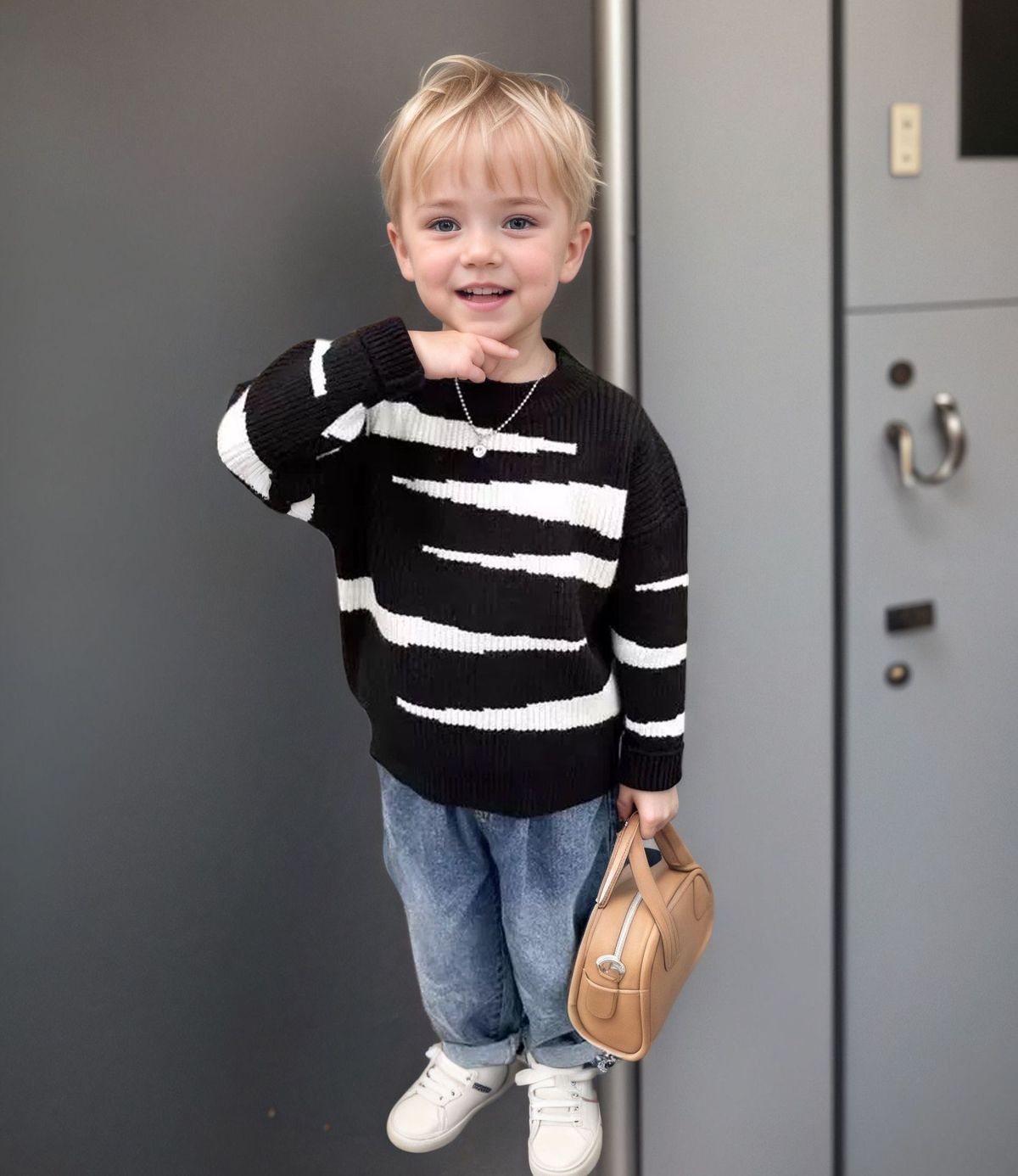Mother & Kids Boys Sweater 2025 Autumn And Winter New Base Shirt Korean Loose Round Neck Black And White Striped Lazy Style Sweater_viptrois.com