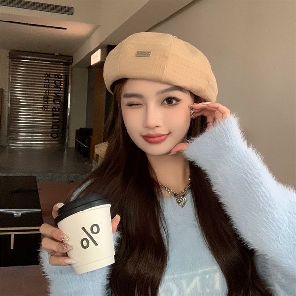 Korean Style Textured Beret For Women, Autumn And Winter, Large Head Circumference, Elegant Artist Hat, Face Slimming,_viptrois.com
