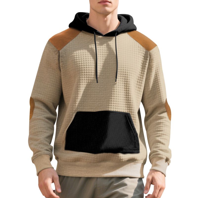 American Style Autumn And Winter European Size Men's Casual Color Matching Pullover Jacquard Men's Plaid Hooded Large Pocket Sweatshirt_viptrois.com