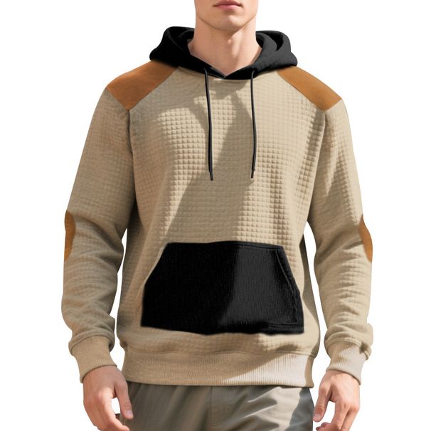 American Style Autumn And Winter European Size Men's Casual Color Matching Pullover Jacquard Men's Plaid Hooded Large Pocket Sweatshirt_viptrois.com