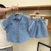 Kids Clothing Small And Medium Sized Handsome Street Blasting Denim Shirts And Shorts Two Piece Suits_viptrois.com