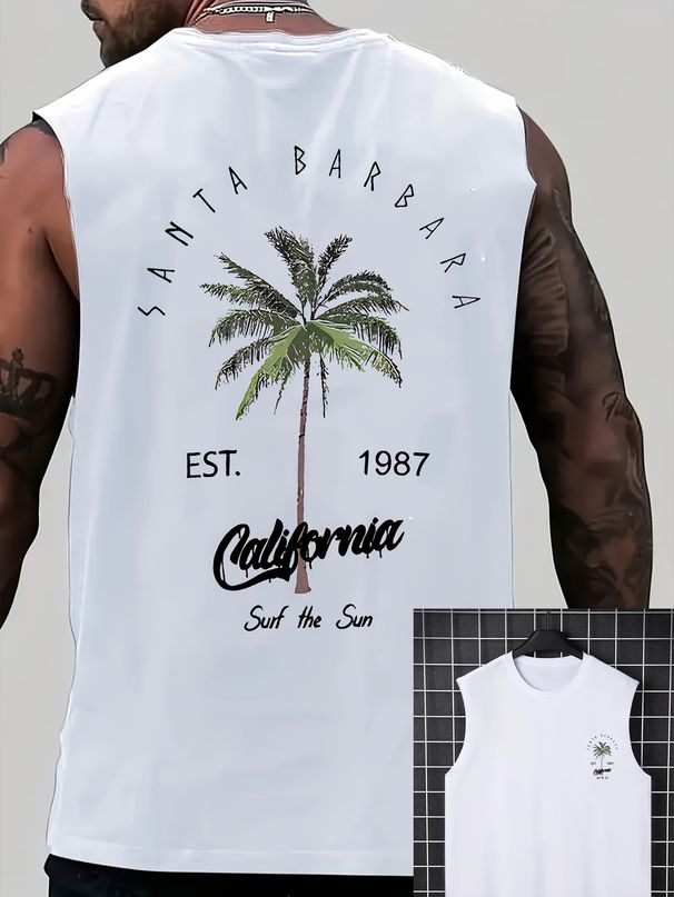 100% Pure Cotton Men's Summer Casual Sports Fitness Loose California Beach Pattern Printed Breathable Round Neck Sleeveless Vest_viptrois.com