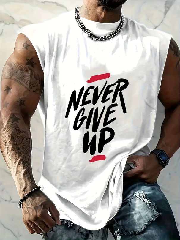 100% Pure Cotton Men's Summer Casual Sports Fitness Loose Never Give Up Letter Pattern Printed Breathable Round Neck Sleeveless Vest_viptrois.com