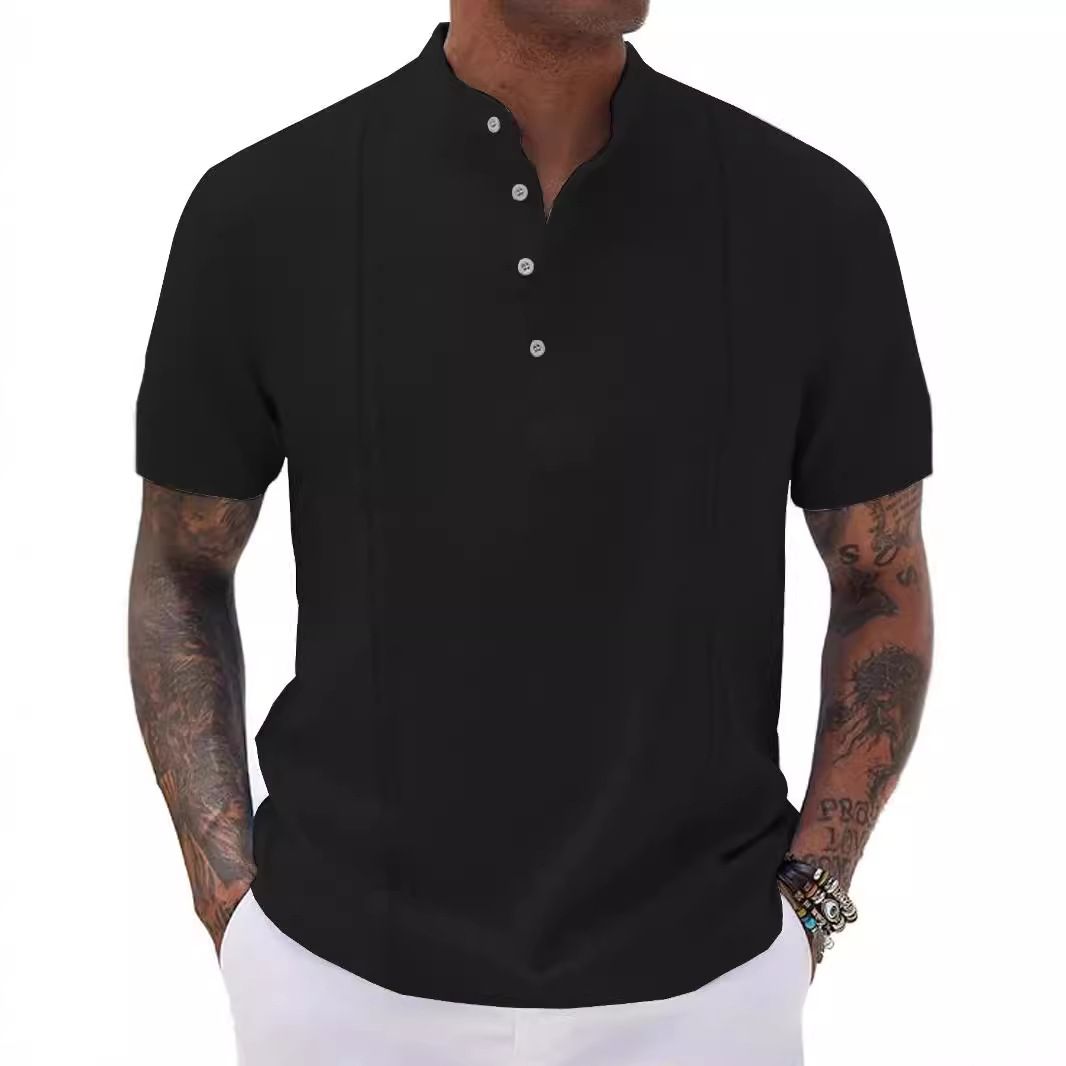 Men's Clothing Short Sleeved Striped Solid Color Half Open Cardigan Button Summer New Cross Border Tops T Shirt_viptrois.com