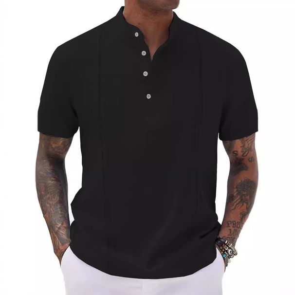 Men's Clothing Short Sleeved Striped Solid Color Half Open Cardigan Button Summer New Cross Border Tops T Shirt_viptrois.com
