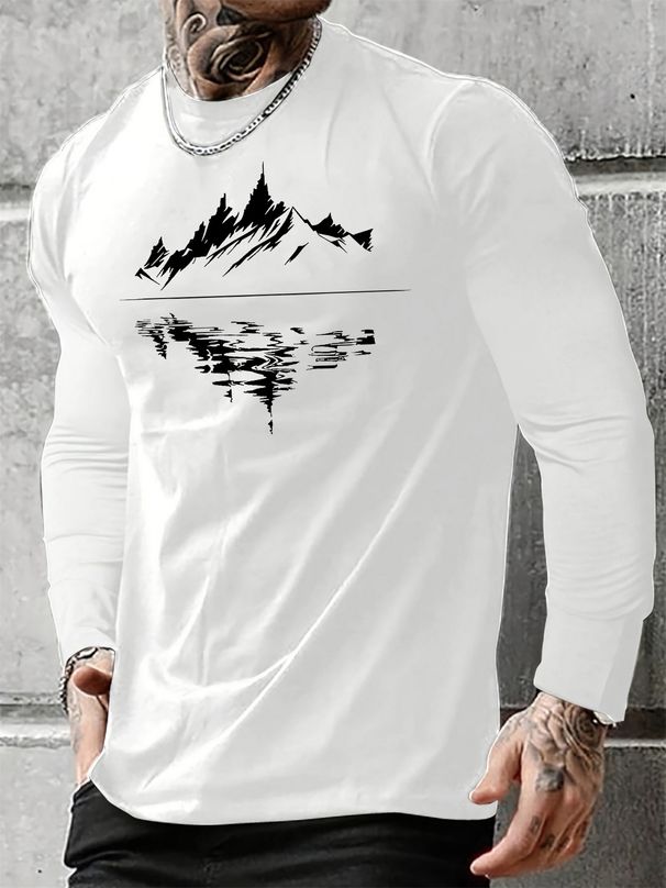 Men's Spring And Autumn Cotton Loose And Comfortable Versatile Mountain Reflection Pattern Printed Round Neck Long Sleeve T-shirt Top_viptrois.com