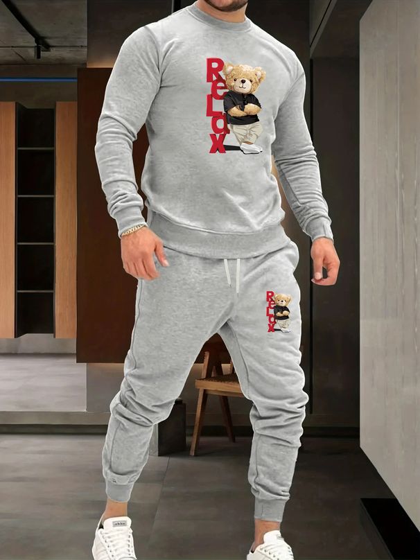 Men's Autumn And Winter Casual Warm RELDX Bear Print Loose Thick Velvet Round Neck Sports Shirt+sports Pants Set_viptrois.com