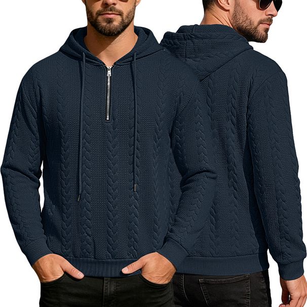 Men's Jacquard Knitted Half-zip Solid-color Long-sleeved Pullover Casual Loose Large-sized Hooded Sweatshirt_viptrois.com