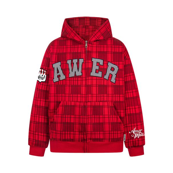 American Style Loose Plaid Hooded Sweatshirt Zipper Cardigan Casual Men's Spring Autumn Trendy Brand Letter Patch_viptrois.com