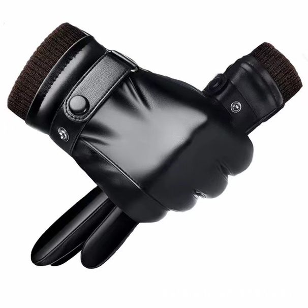 Leather gloves men's winter riding plus velvet thick warm windproof waterproof touch screen winter motorcycle riding gloves_viptrois.com