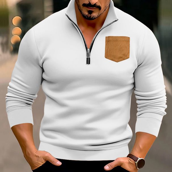 2023 Winter New Casual Men's Half-Zip Stand Collar Patch Pocket Thick Sweatshirt Pullover Plus Size Top For Men_viptrois.com