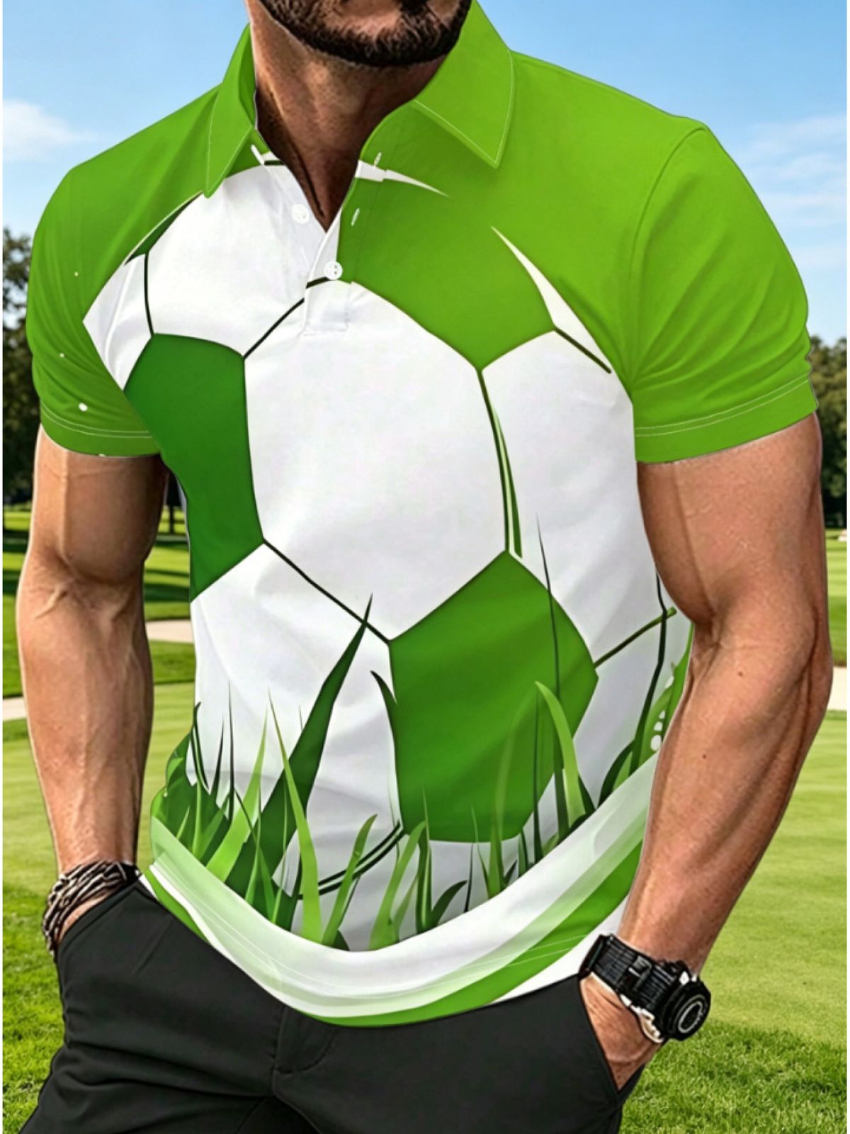 Polo Uomo Taglio Dritto Tessuto Fresco Traspirante Stampa Digitale Calcio Verde, Colletto Manica Corta Sport Casual Taglie Europee_viptrois.com