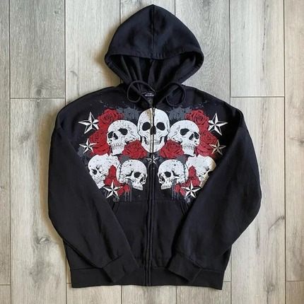 2025 Rose Skull Head Pentagram Print Zipper Hoodie Style Jacket Cardigan_viptrois.com