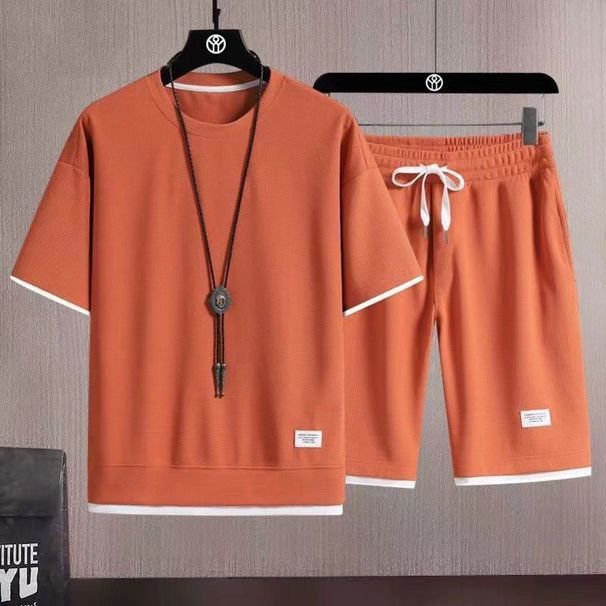 Men's Clothing Men's Sportswear Suit Waffle Suit Summer Short Sleeved T Shirt + Shorts 2 Piece Sports Suit_viptrois.com