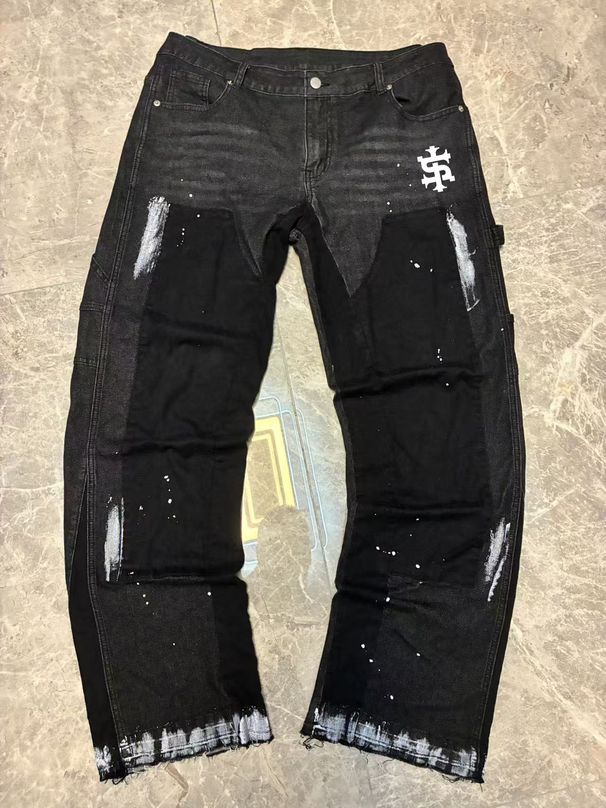 Men's Clothing Men's Denim Cargo Pants, European And American Fashion, Popular On Instagram Style, Stretch Patch Denim Layered Flared Pants 05_viptrois.com