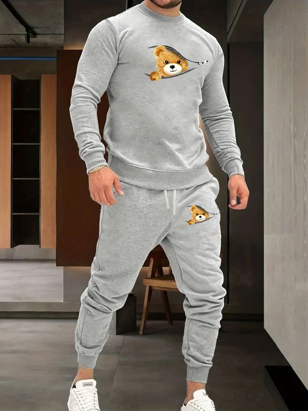Men's Autumn And Winter Casual Warm Cartoon Bear Pattern Printed Loose Thick Velvet Round Neck Sports Shirt+sports Pants Set_viptrois.com