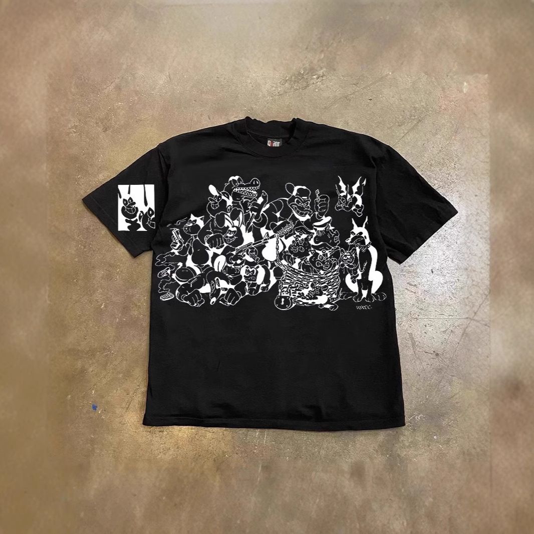 Heavyweight Pure Cotton Retro Loose T-Shirt Short Sleeved for Couples with Hunter Dog Print Unisex 250g_viptrois.com