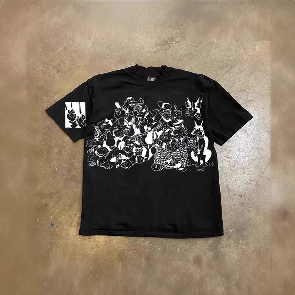 Heavyweight Pure Cotton Retro Loose T-Shirt Short Sleeved for Couples with Hunter Dog Print Unisex 250g_viptrois.com
