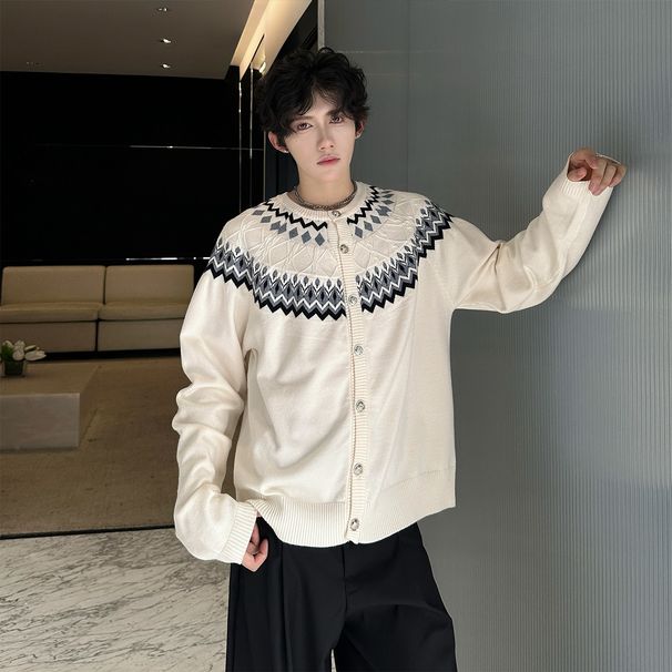 Pure Fair Isle Cable Sweater Cardigan For Men, Autumn Winter, Atmosphere Old Money Style, Cool And Handsome, Warm Raglan Knit_viptrois.com