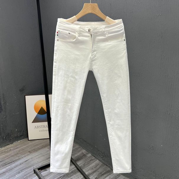 Men's Clothing High End White Pants Simple Summer Trendy Business Cotton Skinny Jeans Slim Nine Point Pants_viptrois.com
