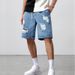 Men's Clothing Summer thin loose simple casual shorts men's retro washed elastic waist ripped straight denim shorts_viptrois.com