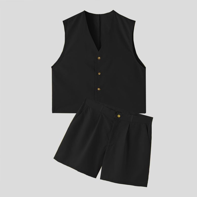 Men's Clothing V Neck Sleeveless Casual Vest Vest High Waist Wide Leg Shorts Suit_viptrois.com