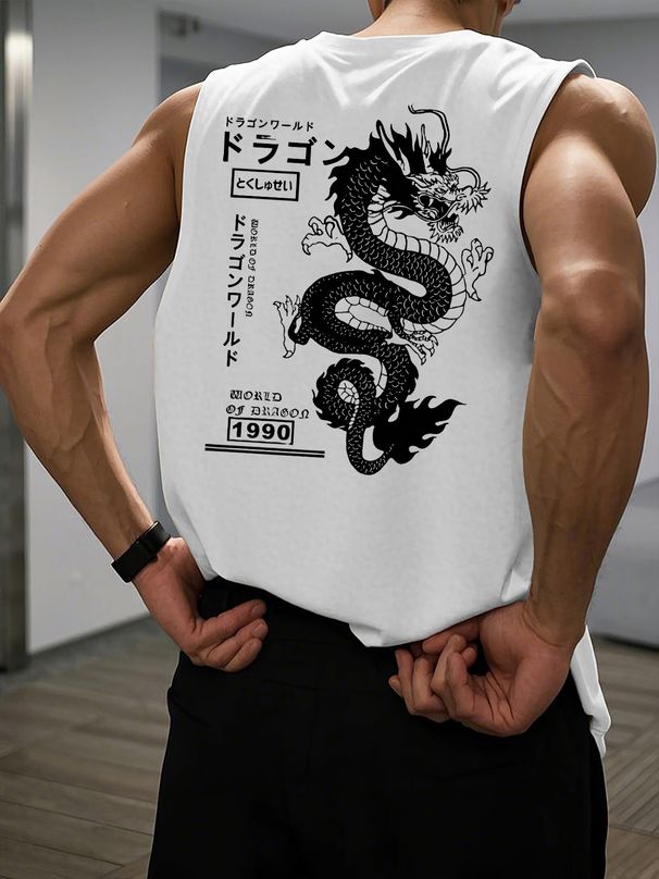 100% Pure Cotton Men's Summer Casual Sports Fitness Loose Geometric Dragon Print Breathable Round Neck Sleeveless Vest_viptrois.com