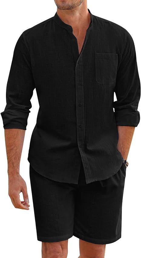 Men's Clothing Men's Two Piece Cotton And Linen Comfortable Button Shirt Long Sleeve Shorts Cardigan Simple Casual Beach Wear_viptrois.com