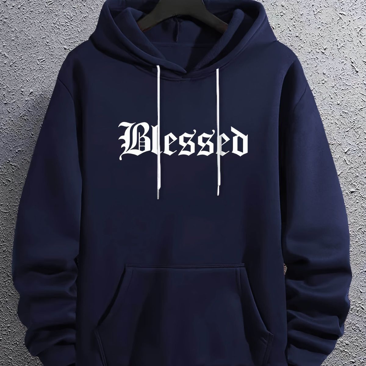 Men's Autumn And Winter Casual Fashion Loose Hooded Sweatshirt Letter Blessed Print Warm Long Sleeved Pullover_viptrois.com