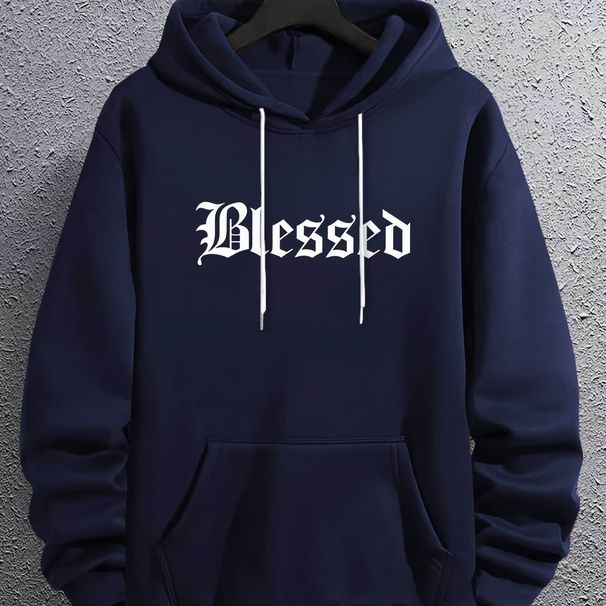 Men's Autumn And Winter Casual Fashion Loose Hooded Sweatshirt Letter Blessed Print Warm Long Sleeved Pullover_viptrois.com