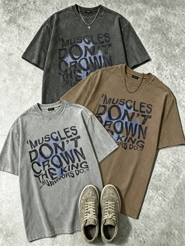 100% Cotton Washed Vintage Men's 3-Pack T-shirts Muscles Don't Crown The King Quote Print Crew Neck Short Sleeve Casual Tops In Gray Brown Light Gray_viptrois.com