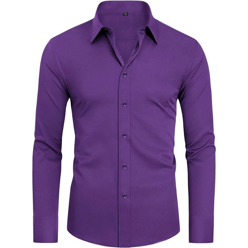Men's Clothing Four Sided Stretch Slim Long Sleeve Solid Color Simple Shirt Business Casual_viptrois.com